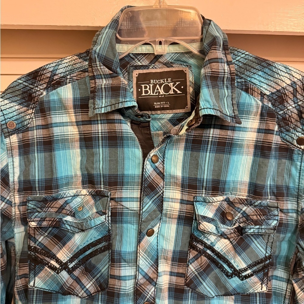 Buckle Black Brand Teal Blue Plaid Men's Shirt Sz L slim
Fit snap buttons - Picture 9 of 12